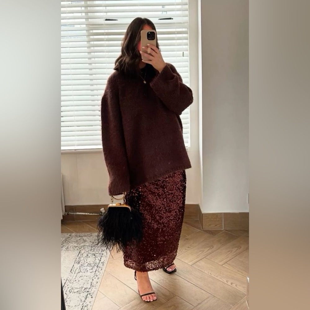 ALEX & SOPHIA Burgundy Sequined Mesh Midi Dress Size Xs